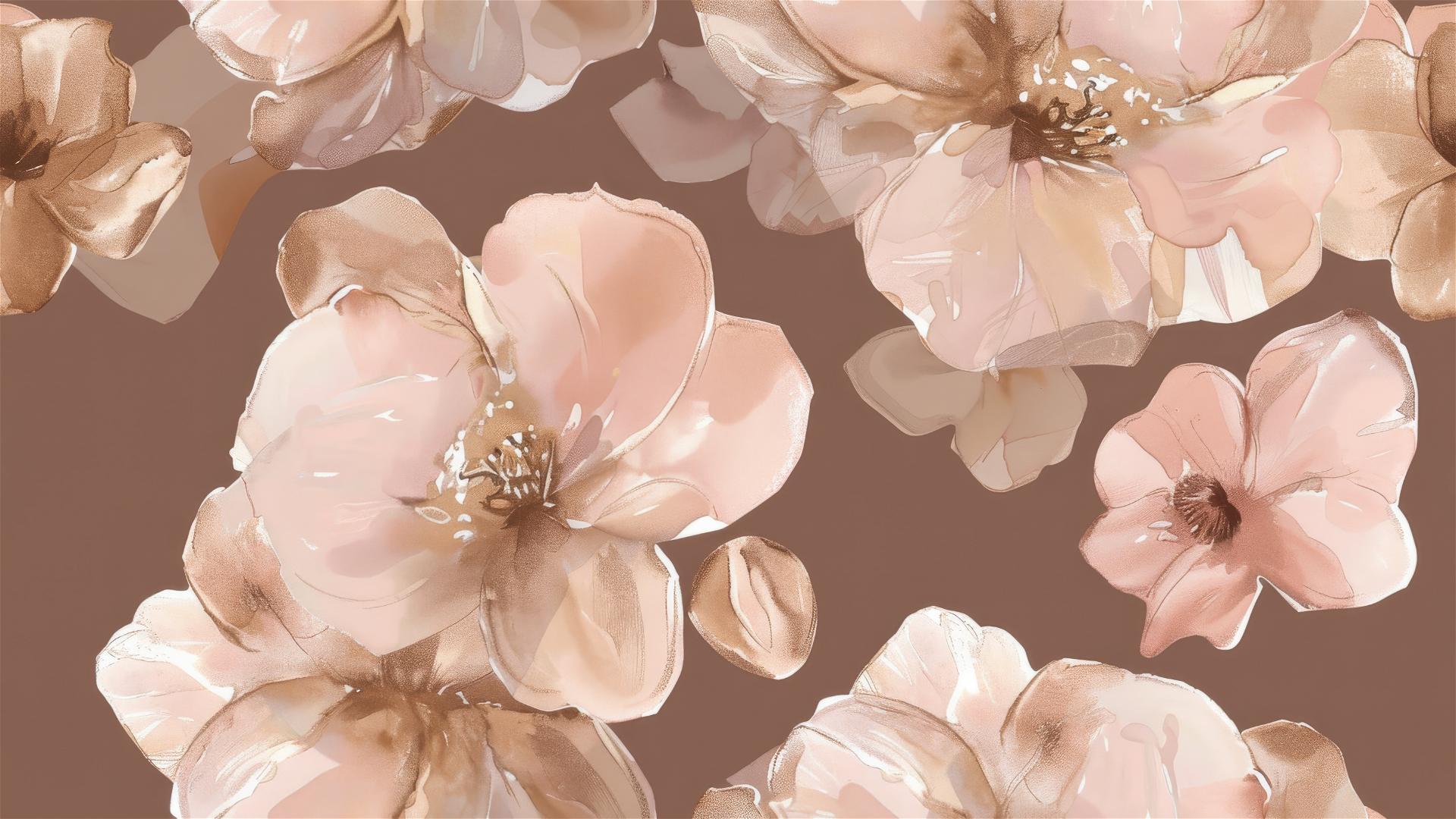 Elegant seamless pattern of large soft pink and beige flowers on a brown background