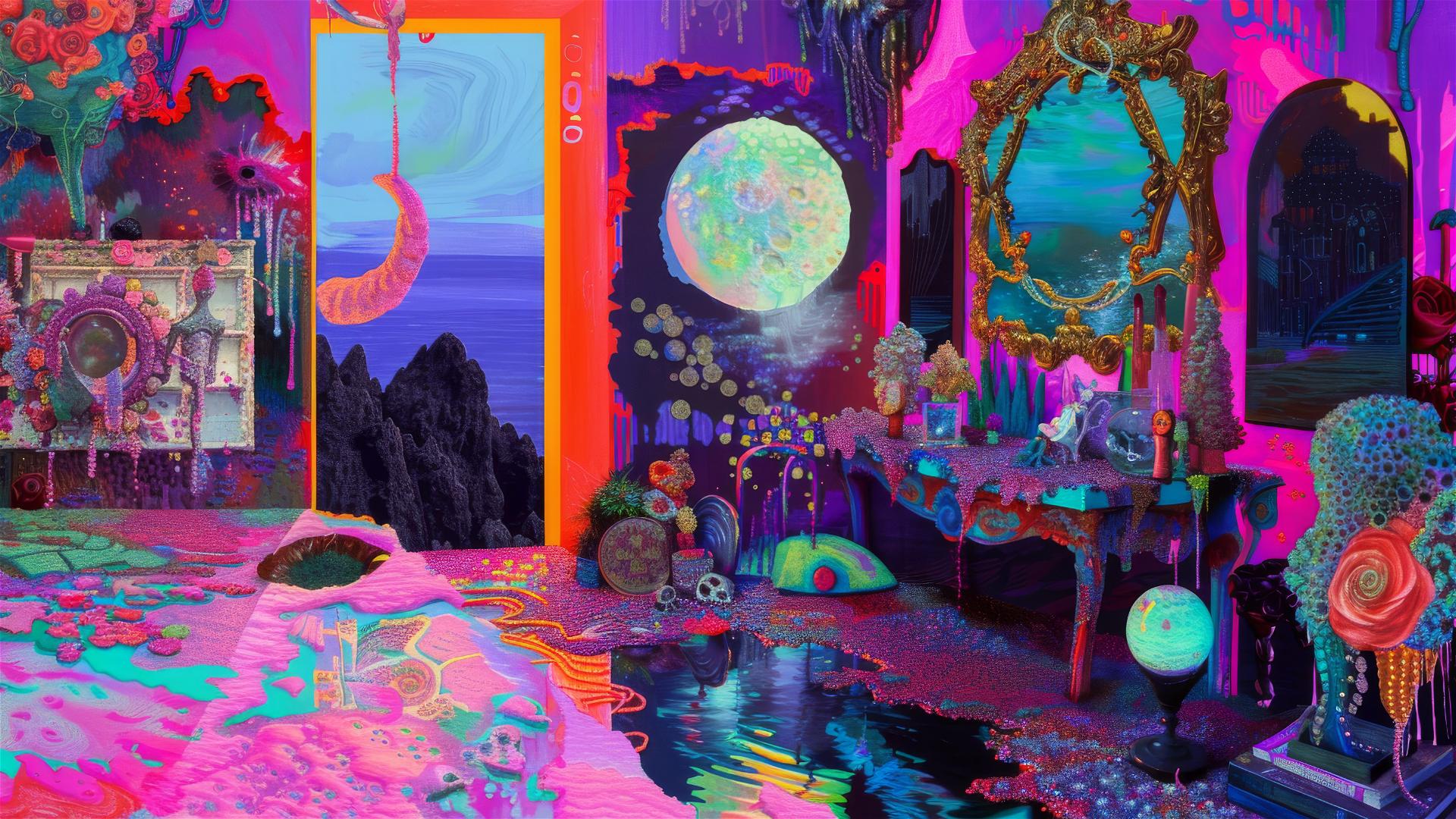 Anaglyphic steampunk hypnagogic collage with simplified figures and purple rainbow