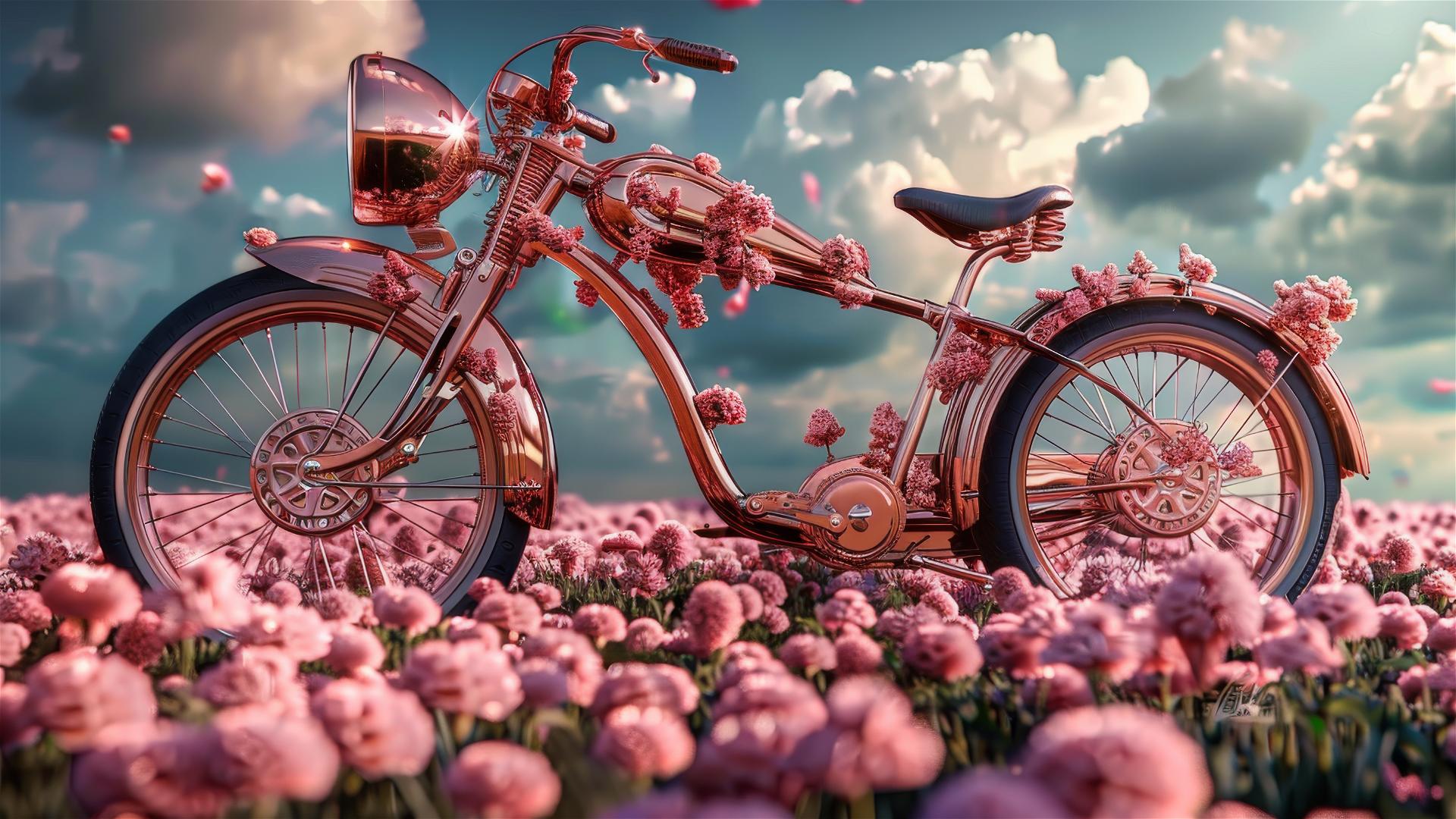 bicycle in a meadow with red and pink flowers