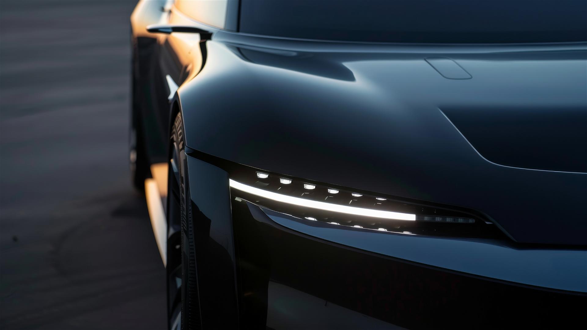 Close-up of an electric concept car's front headlight with a shark nose design.