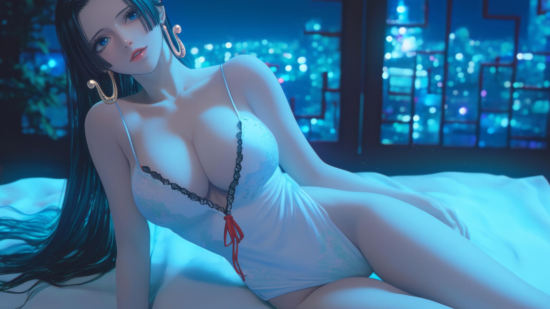Boa Hancock from One Piece resting in a modern hotel room with neon lighting