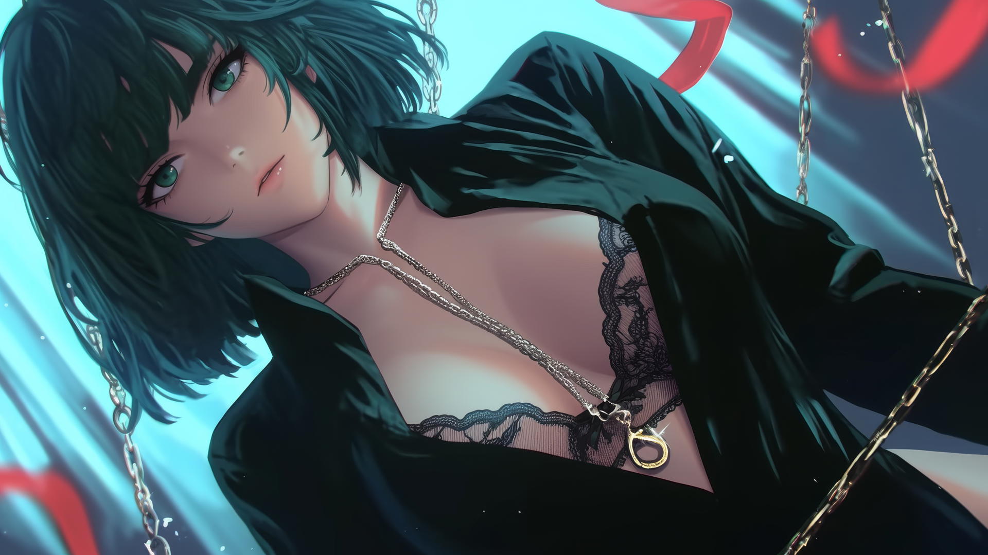 Fubuki from One Punch Man kneeling and leaning down with dark green bob hairstyle, light green eyes and neon-lit hotel ceiling background.