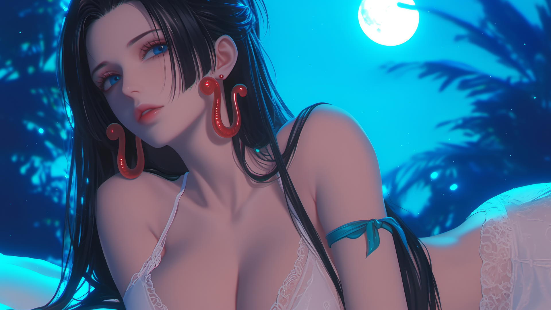 Boa Hancock from One Piece resting in a modern hotel room with moonlight glow.