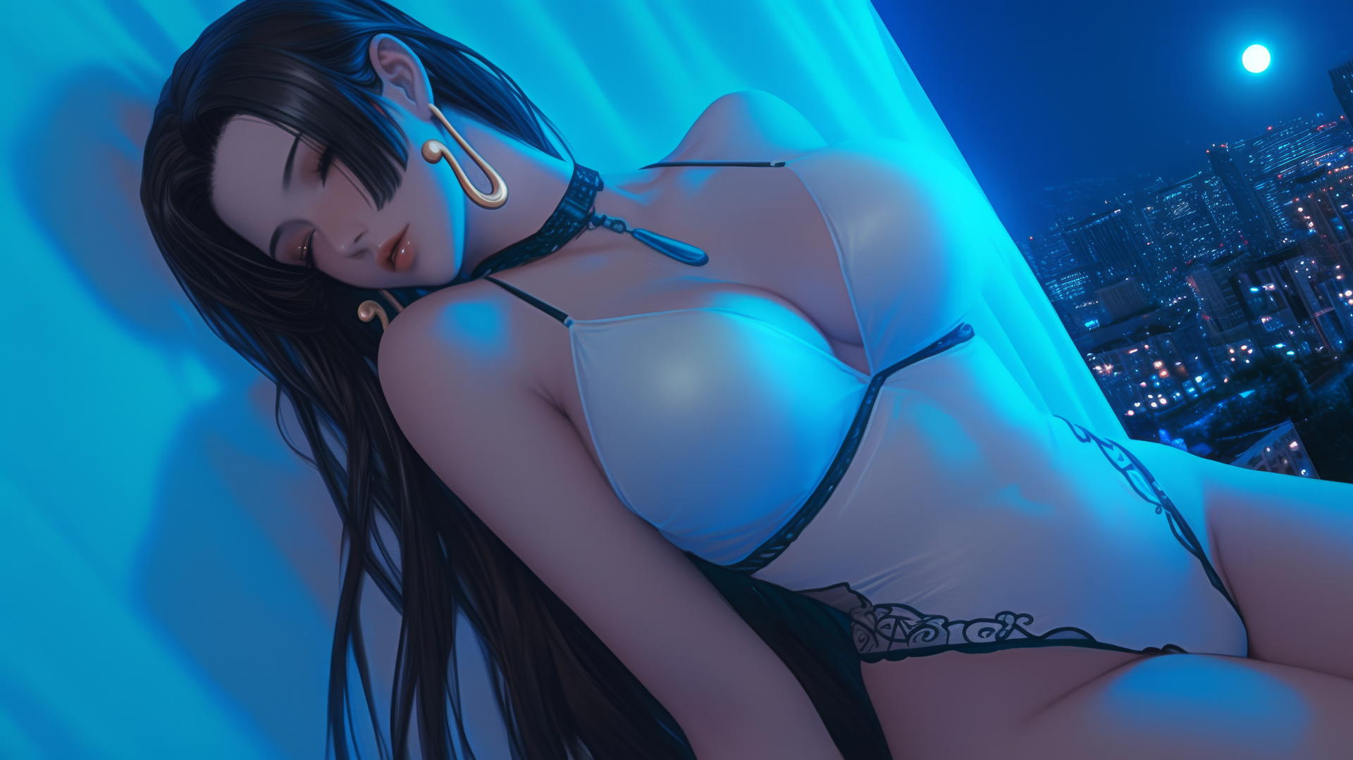 Boa Hancock from One Piece rests in a modern hotel room with moonlight highlighting her figure