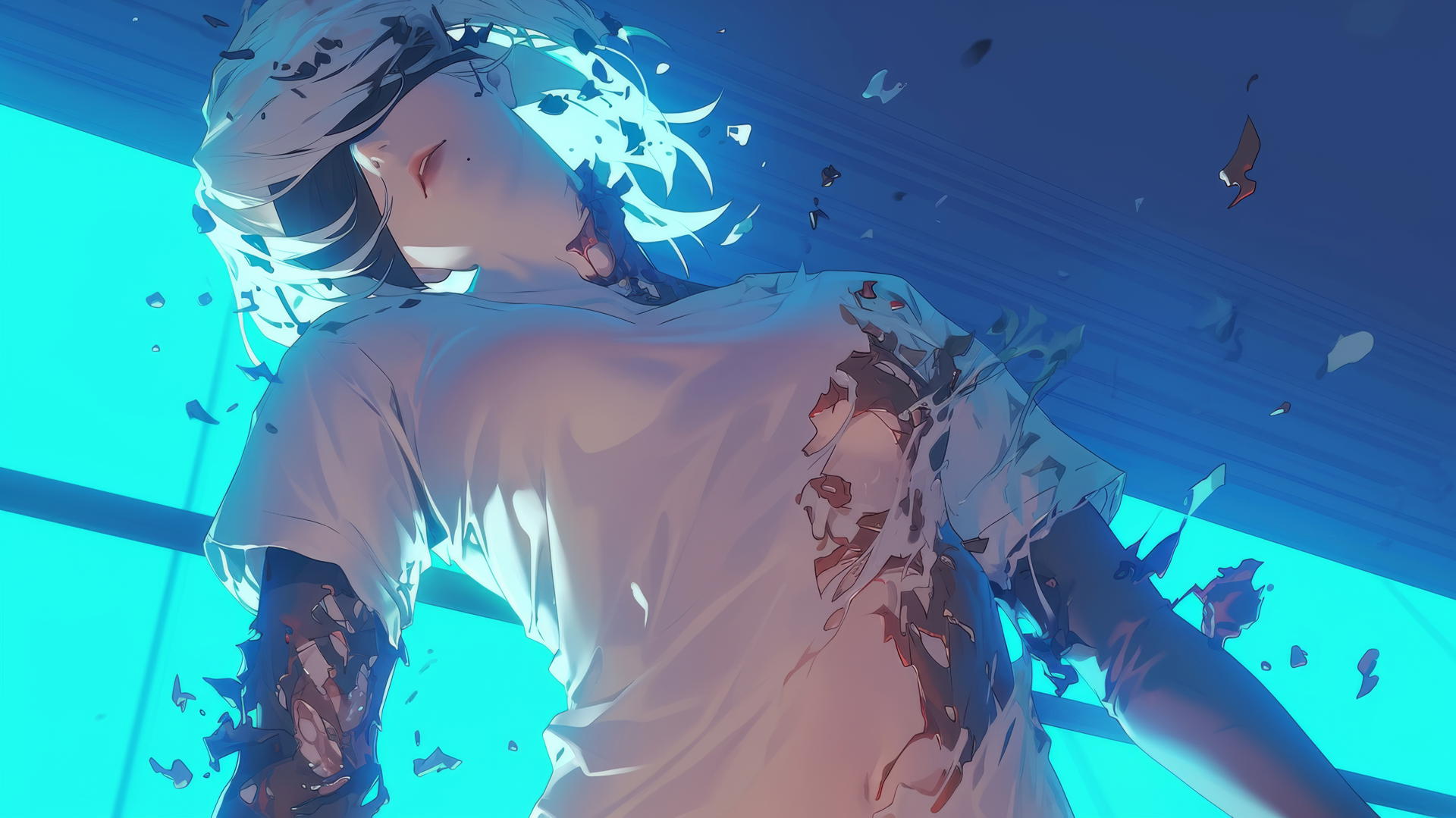 2B from Nier in a broken white t-shirt, blindfolded, in a hotel, kneels and leans forward.