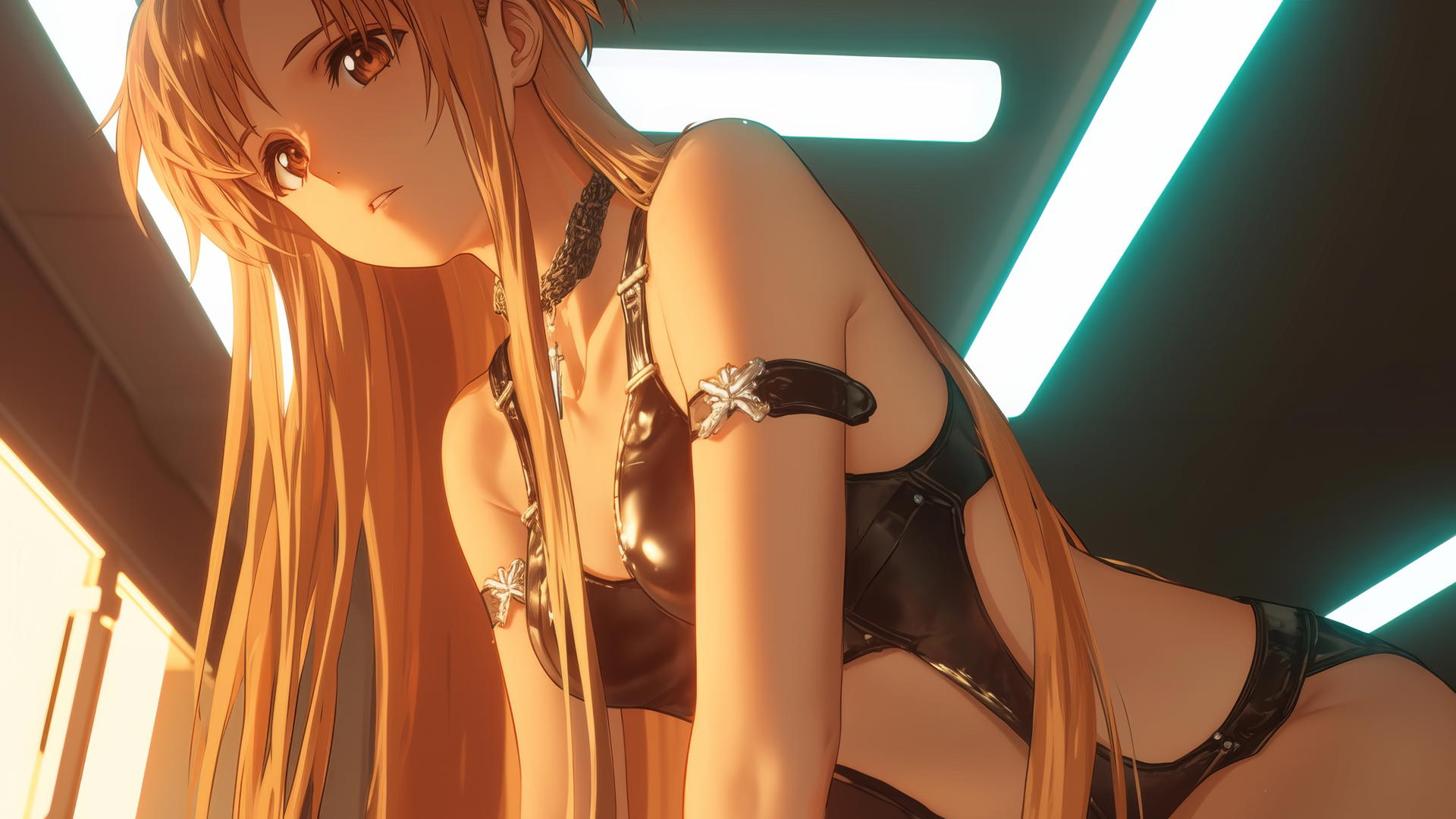 Asuna from Sword Art Online seen from below with hotel ceiling in background, kneeling, looking down with neon-lit soft glow.