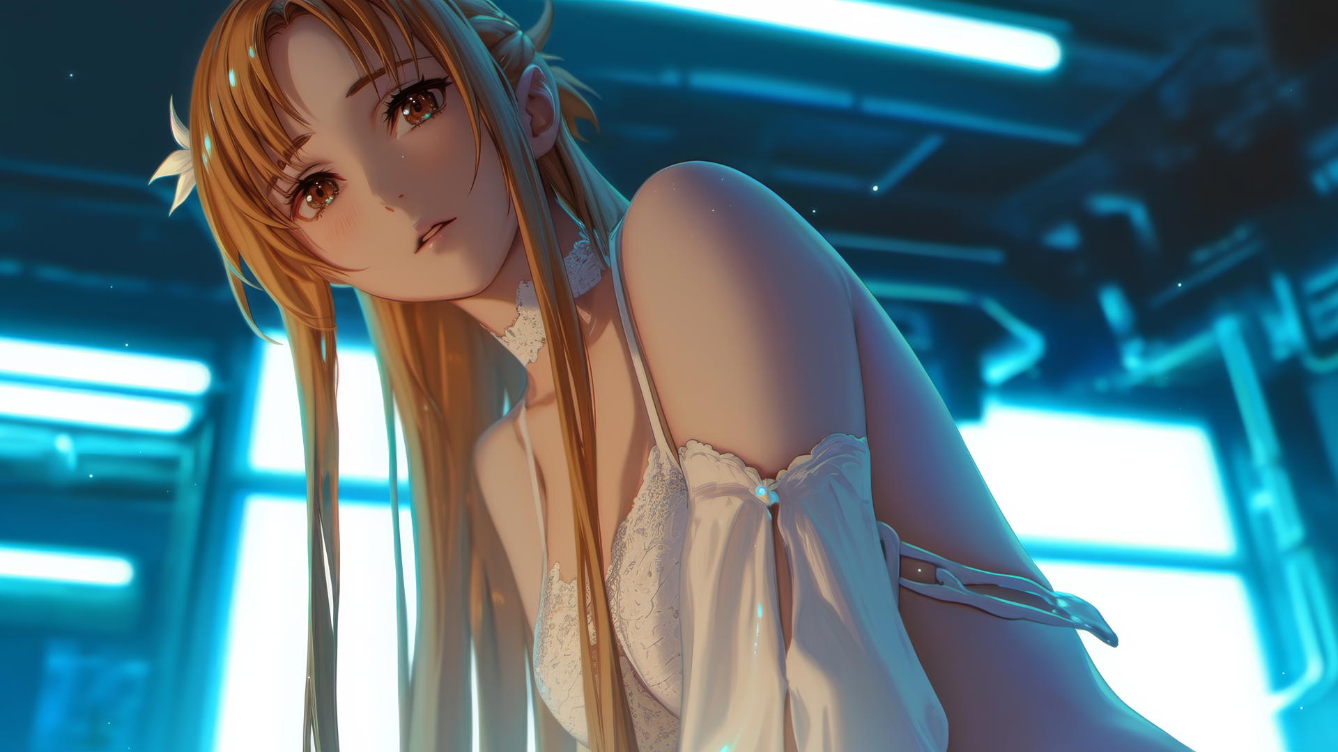 Asuna from Sword Art Online kneeling, looking down with neon-lit hotel ceiling