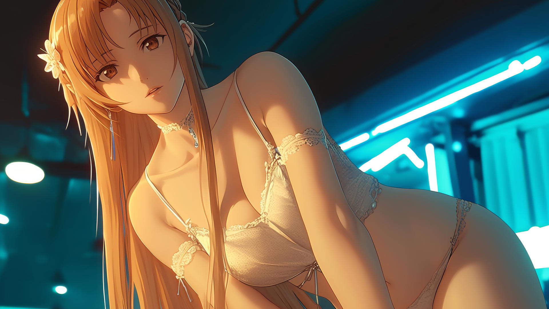 Asuna from Sword Art Online kneeling under hotel ceiling with neon light glow