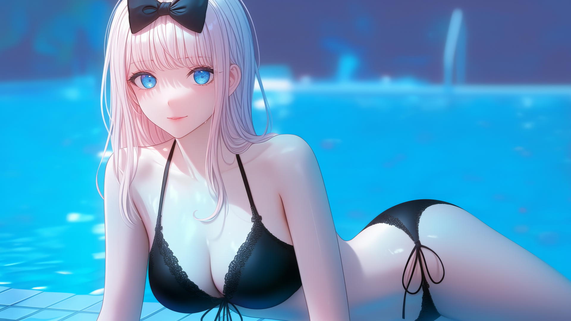 Chika Fujiwara resting by a swimming pool under moonlight, with pink hair and a black bow