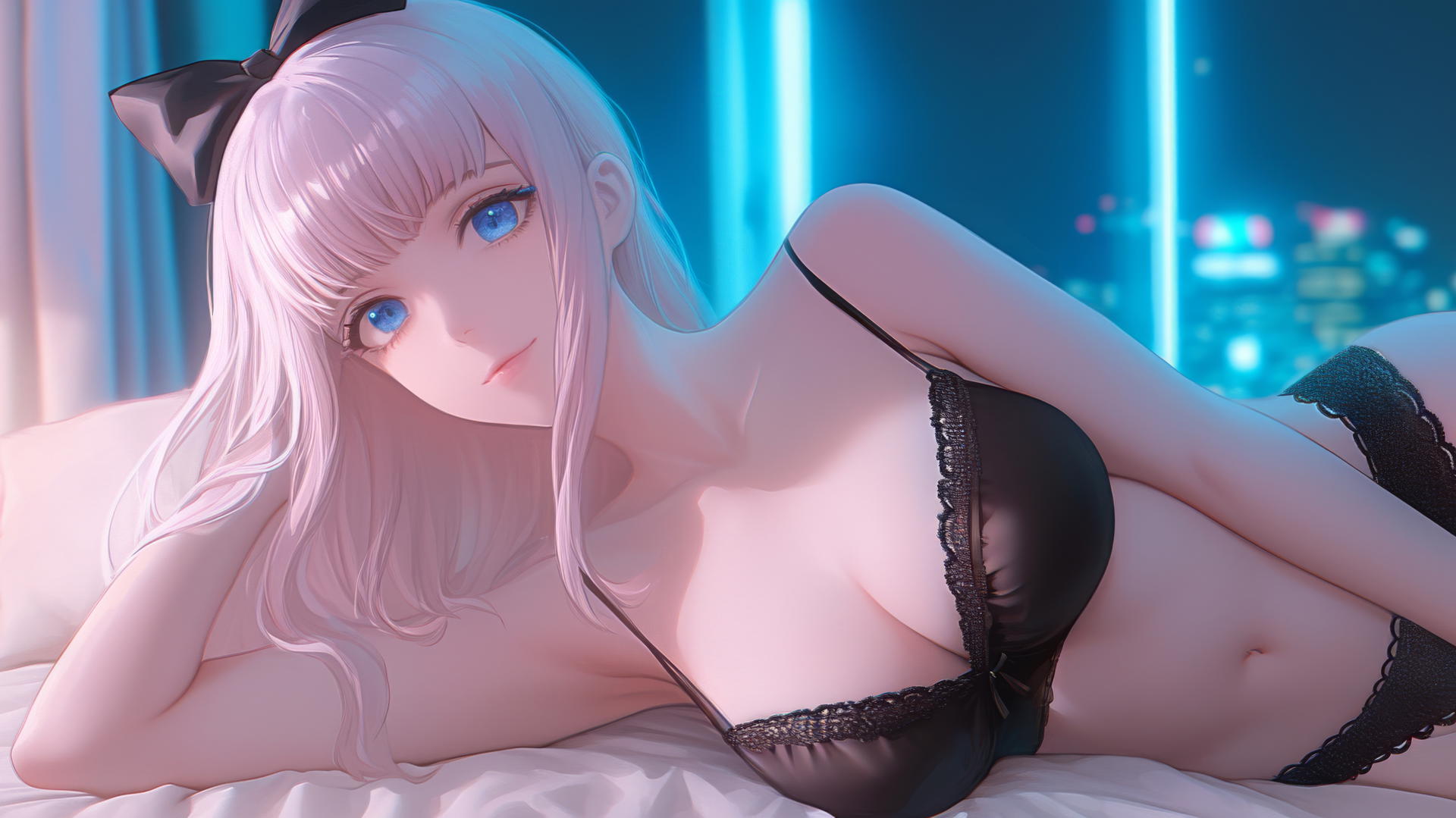 Chika Fujiwara with light pink hair, resting in a modern hotel room with neon light glow.