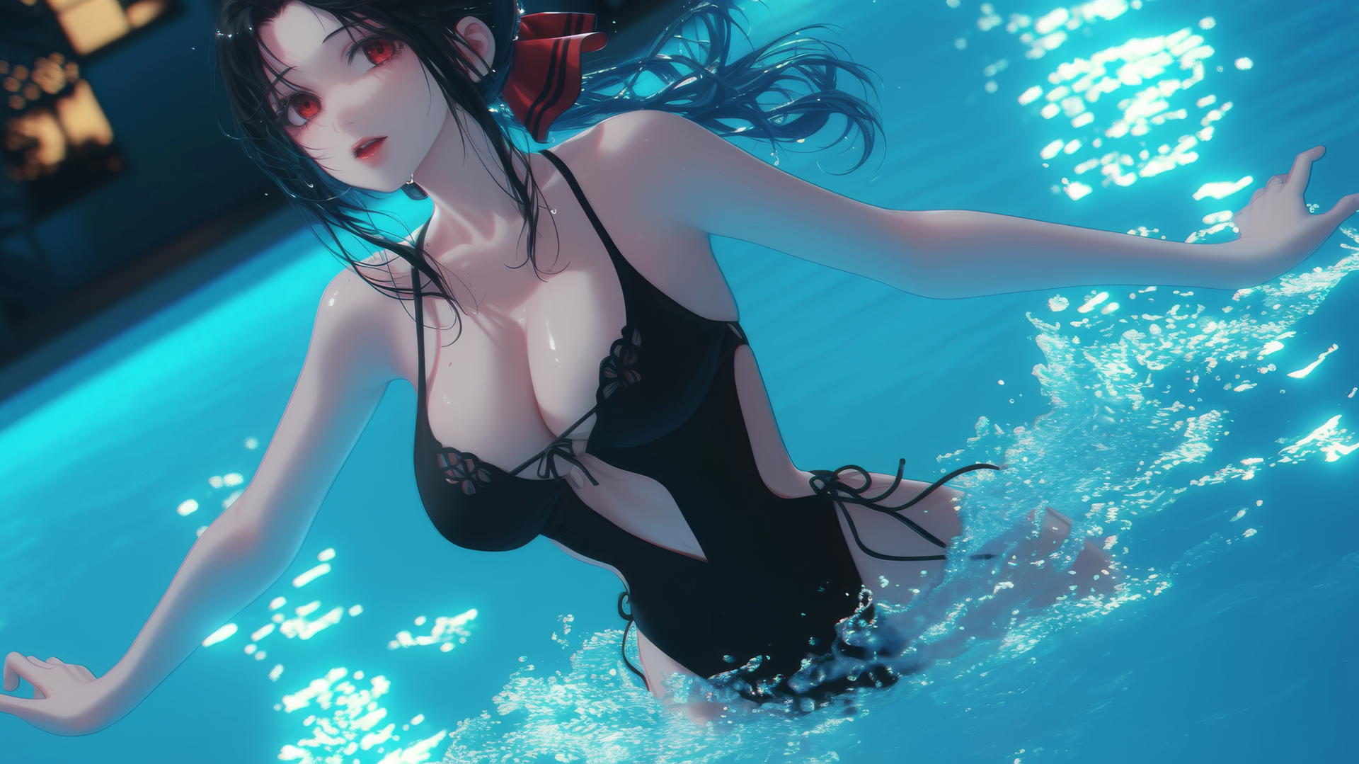Kaguya Shinomiya with red eyes, jumping out of a swimming pool under moonlight.