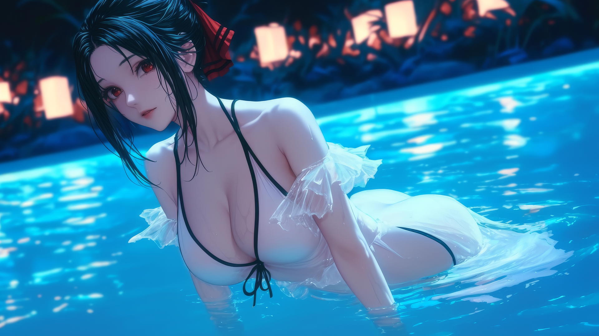 Kaguya Shinomiya with red eyes, in white, jumping out of a swimming pool by moonlight.