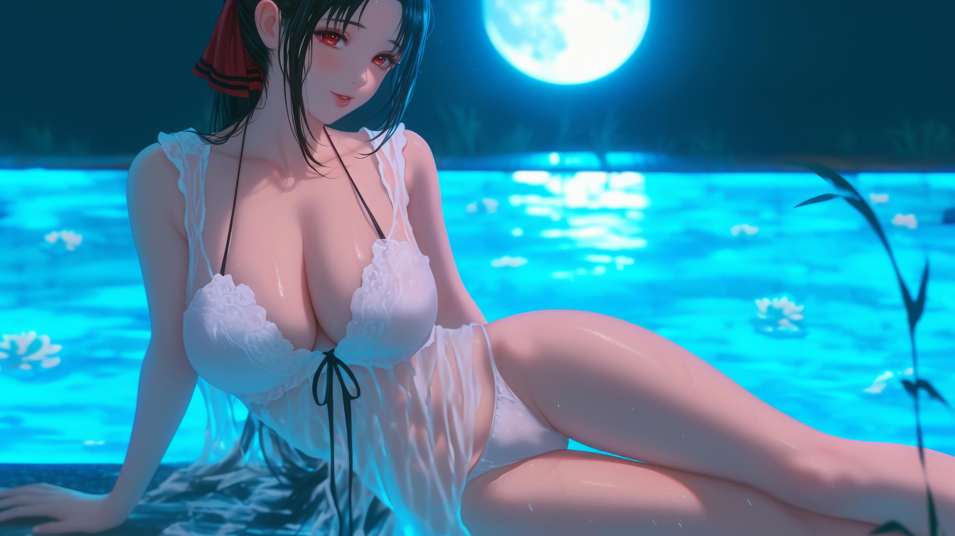 Kaguya Shinomiya with red eyes in white clothes, resting by a rainy swimming pool under moonlight.