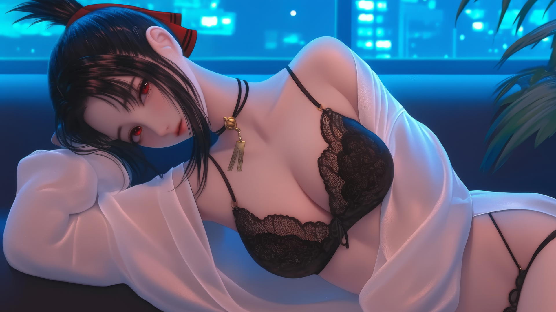 Kaguya Shinomiya with red eyes, resting at a modern hotel with neon lighting.