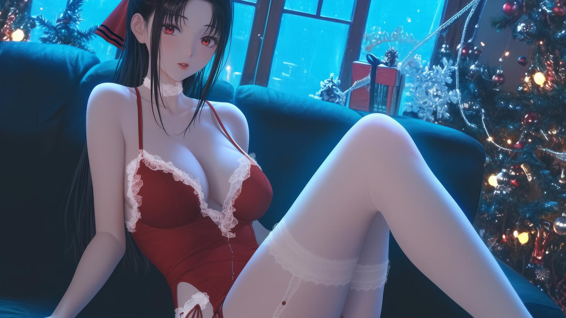 Kaguya Shinomiya in Christmas attire with red eyes, at a modern hotel, neon lighting.