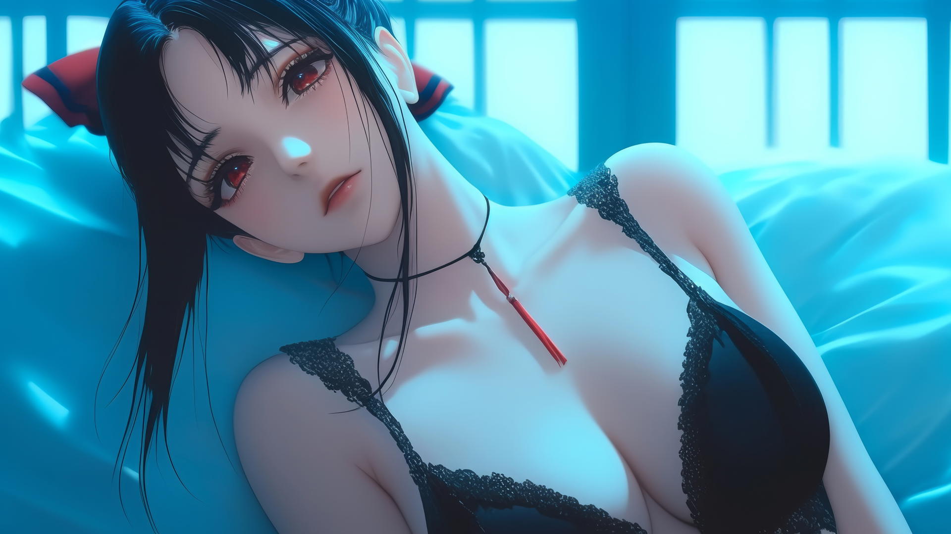 Kaguya Shinomiya with red eyes at a modern hotel bathed in neon light.