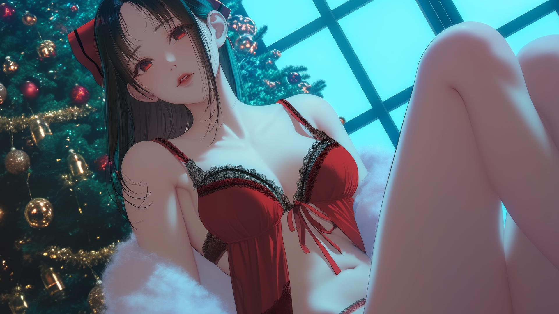 Kaguya Shinomiya in Christmas attire with red eyes, kneeling with neon ceiling light.