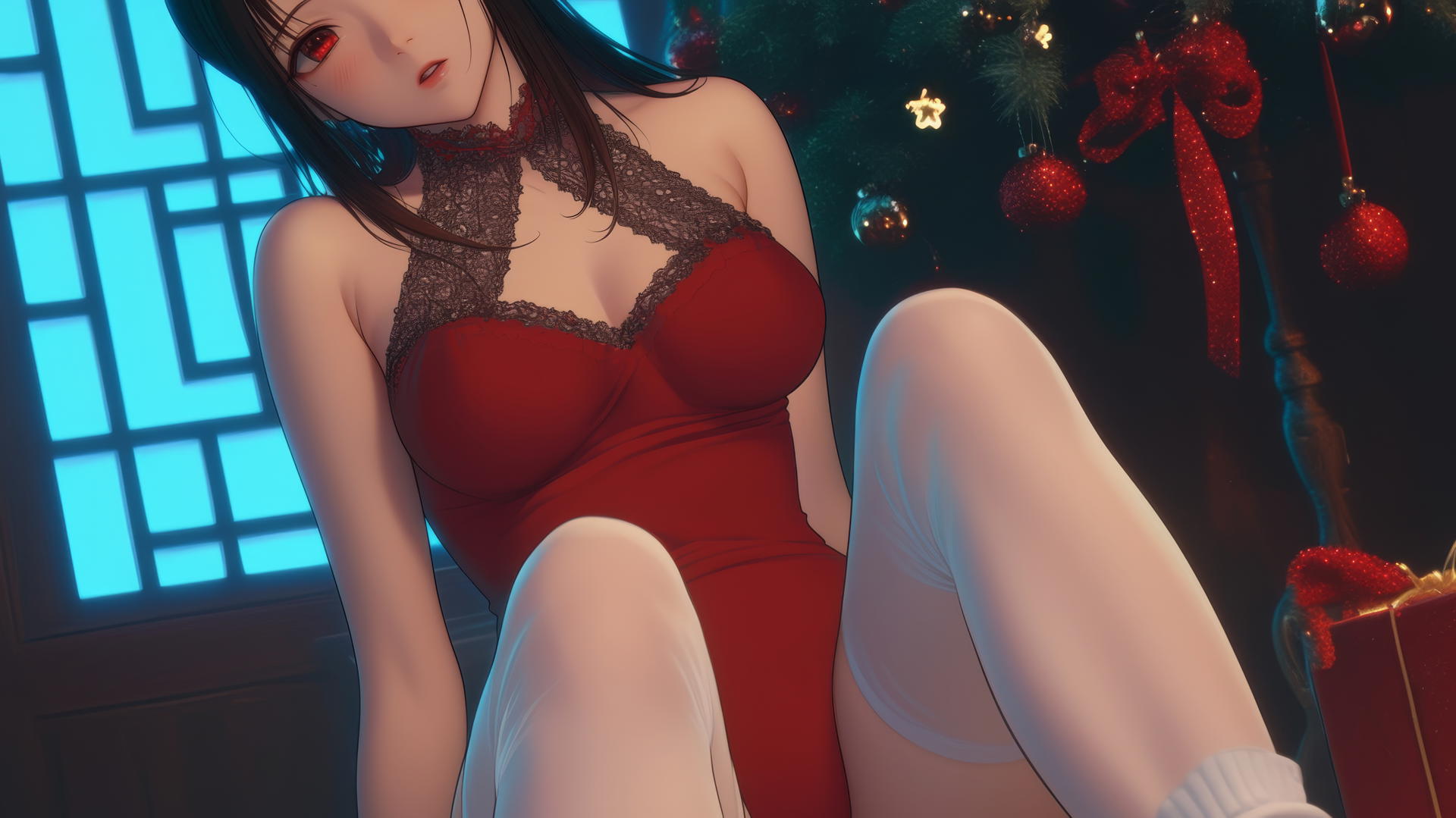 Kaguya Shinomiya from Kaguya-sama wa Kokurasetai kneeling in Christmas attire, red eyes glowing under neon ceiling lights.