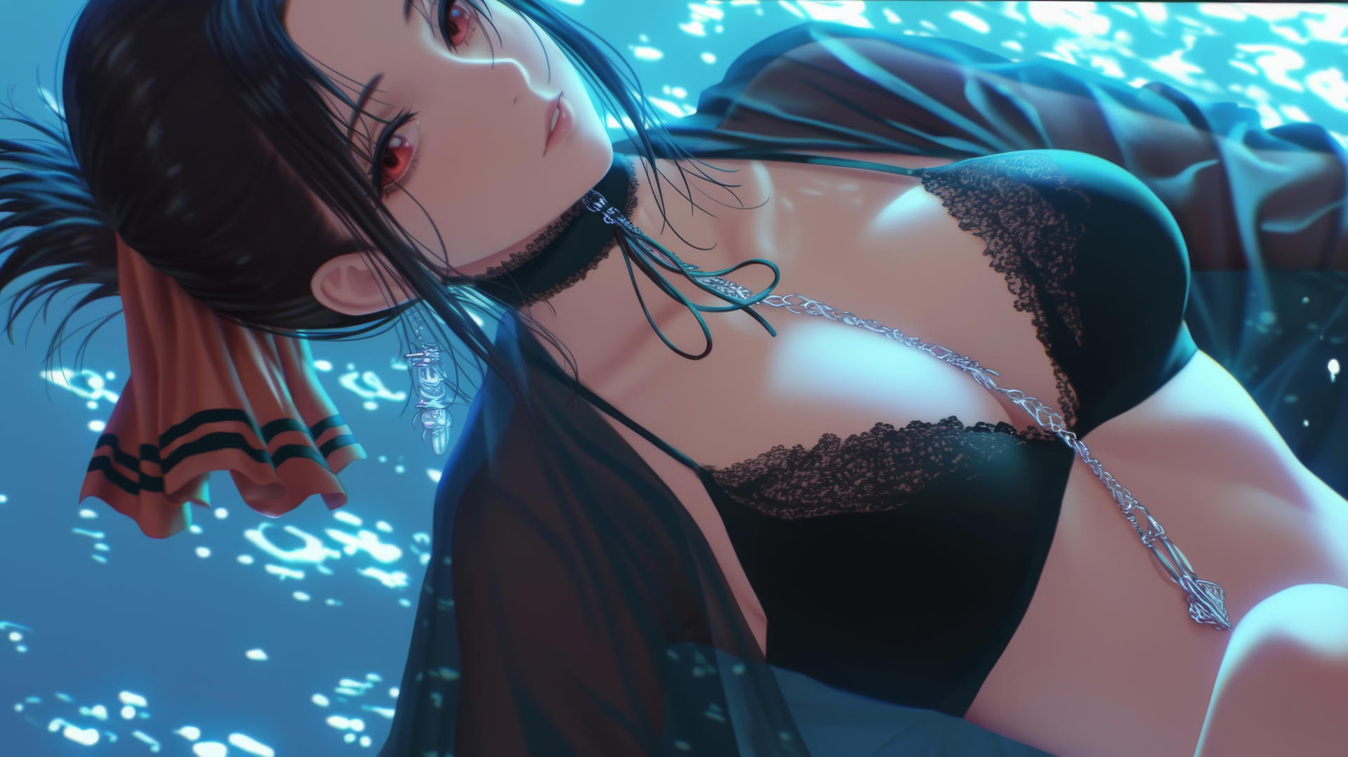 Kaguya Shinomiya kneeling under soft neon light, red eyes staring down.
