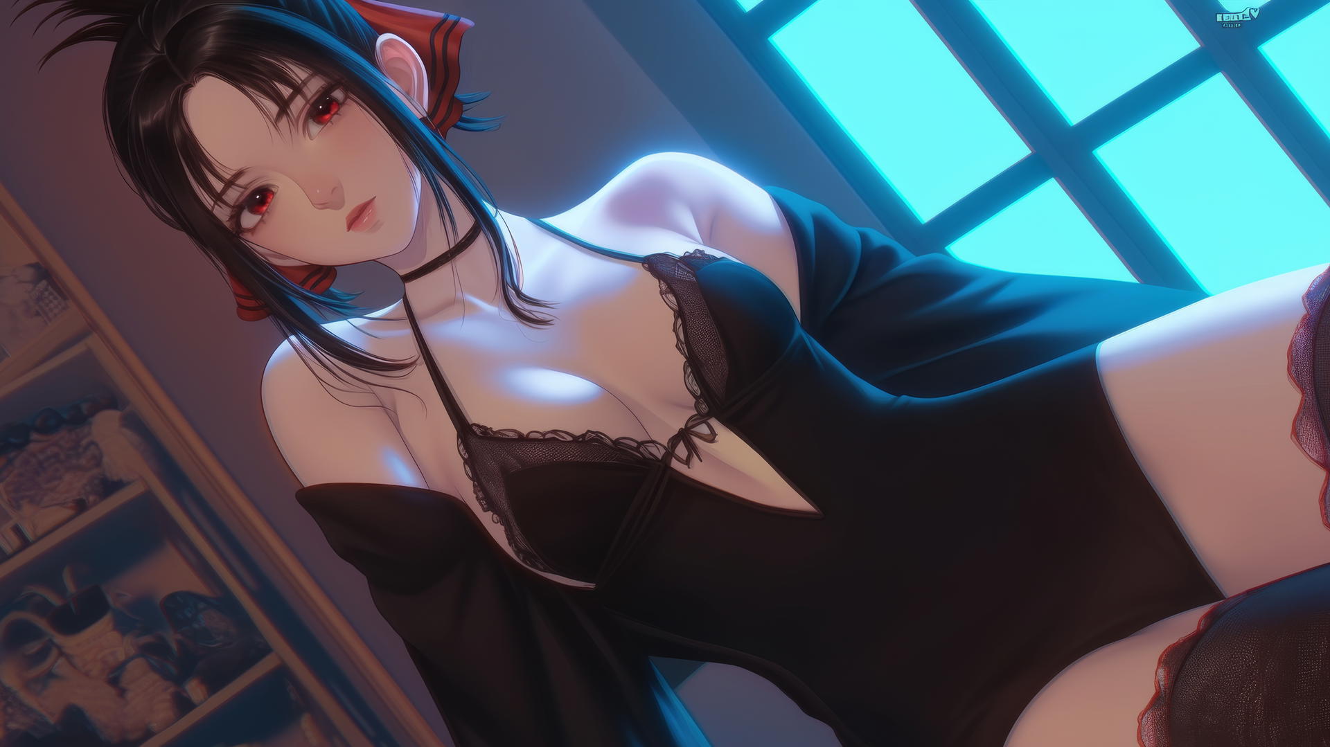 Kaguya Shinomiya kneeling, red eyes, neon ceiling light casting glow.