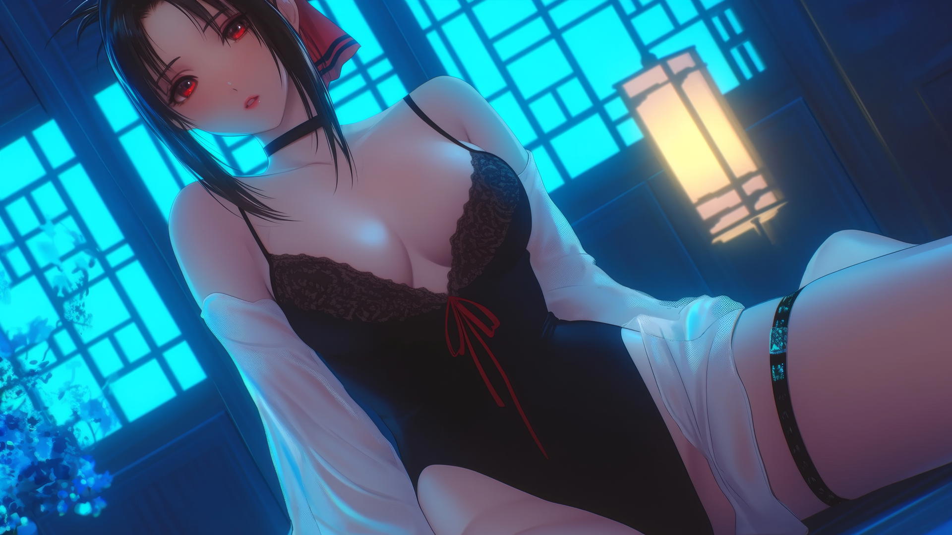 Kaguya Shinomiya kneeling with red eyes under a neon ceiling light