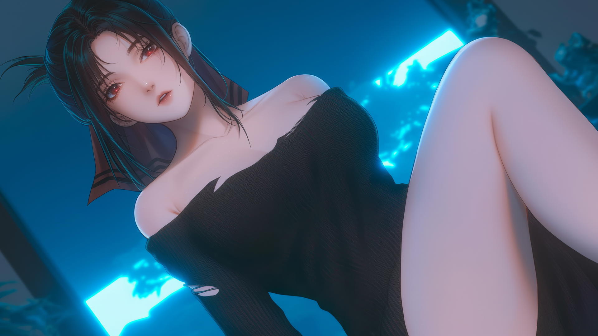 Kaguya Shinomiya kneeling, wearing broken sweater, red eyes, neon light.