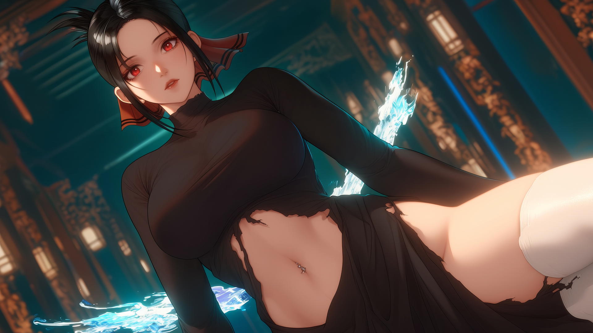 Kaguya Shinomiya kneeling, looking down with red eyes, under soft neon ceiling lights.