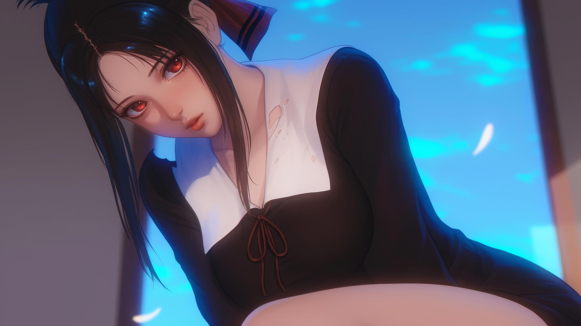 Kaguya Shinomiya kneeling, red eyes, broken knitted sweater, neon ceiling light glow