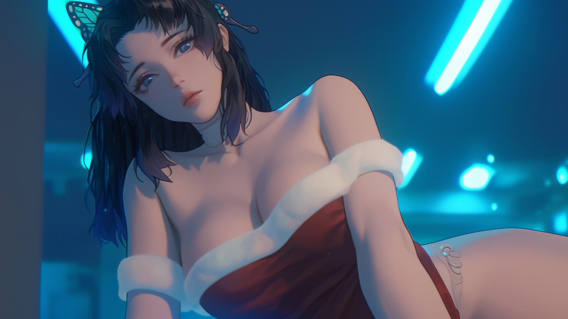 Shinobu Kocho in Christmas attire leaning down with neon and warm lighting