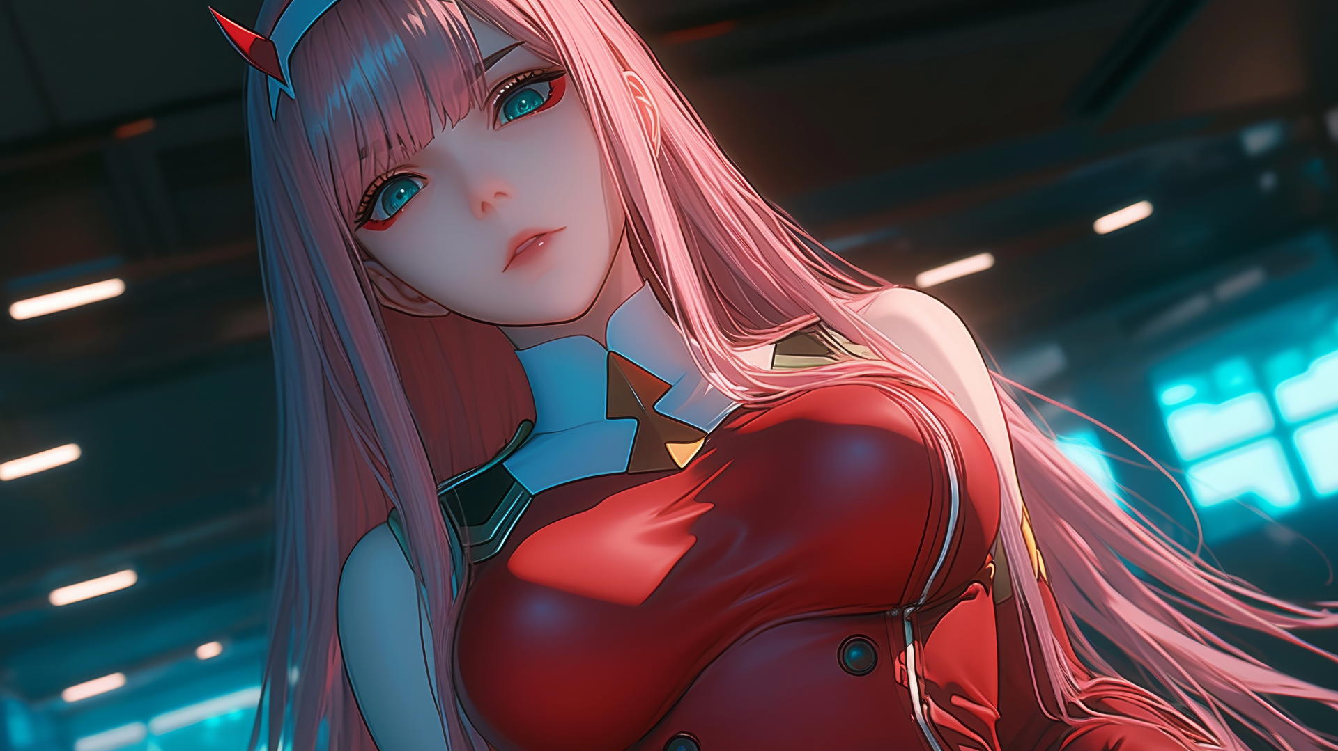 Zero Two from DARLING in the FRANXX with long pink hair in a hotel, kneeling and looking down with warm, neon lighting.