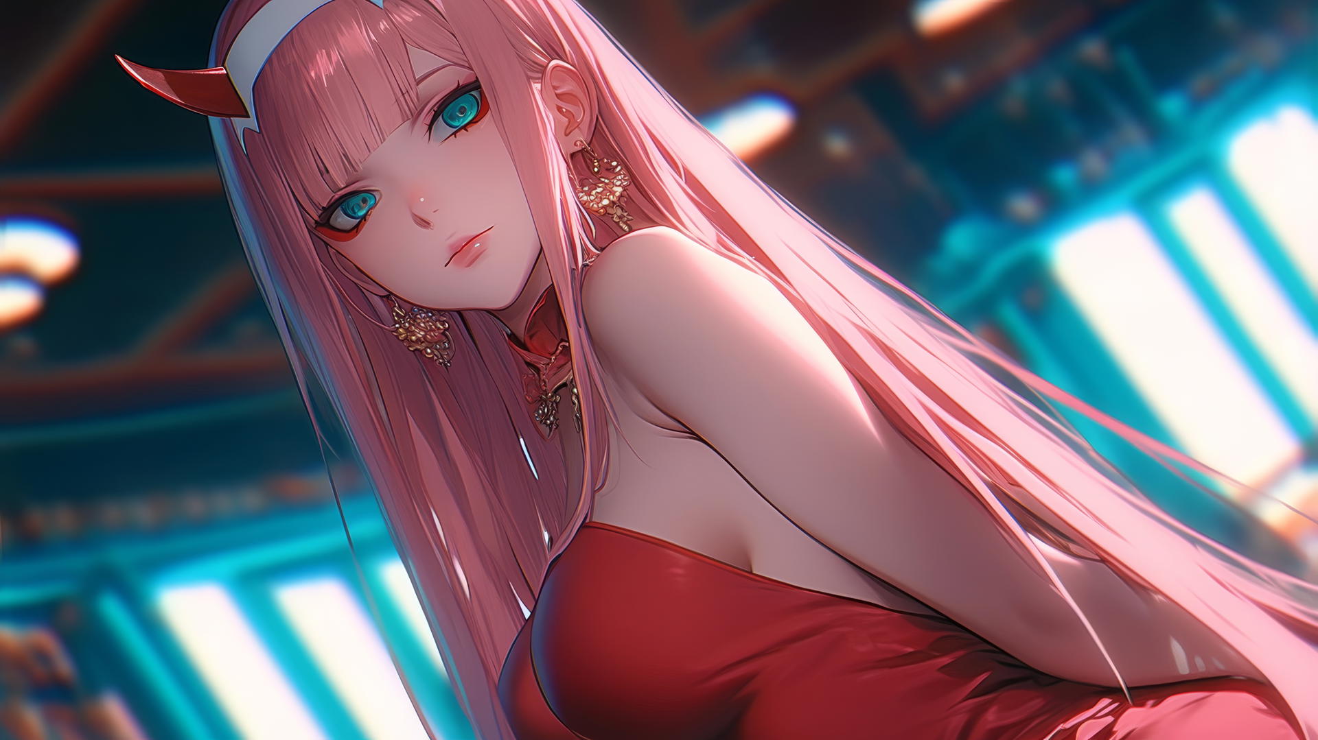 Zero Two from DARLING in the FRANXX, pink hair, neon-lit hotel ceiling.
