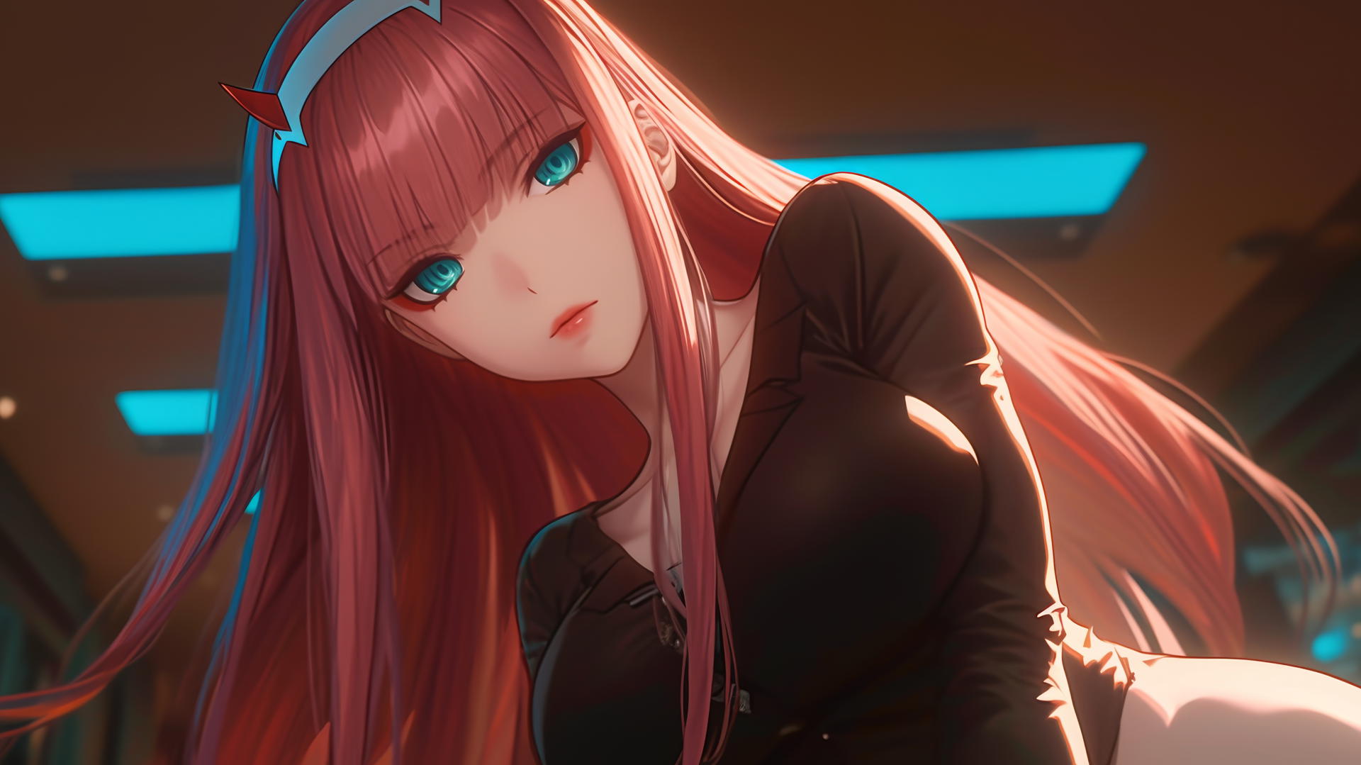 Zero Two from DARLING in the FRANXX with long pink hair, hotel ceiling background, warm and neon lights.