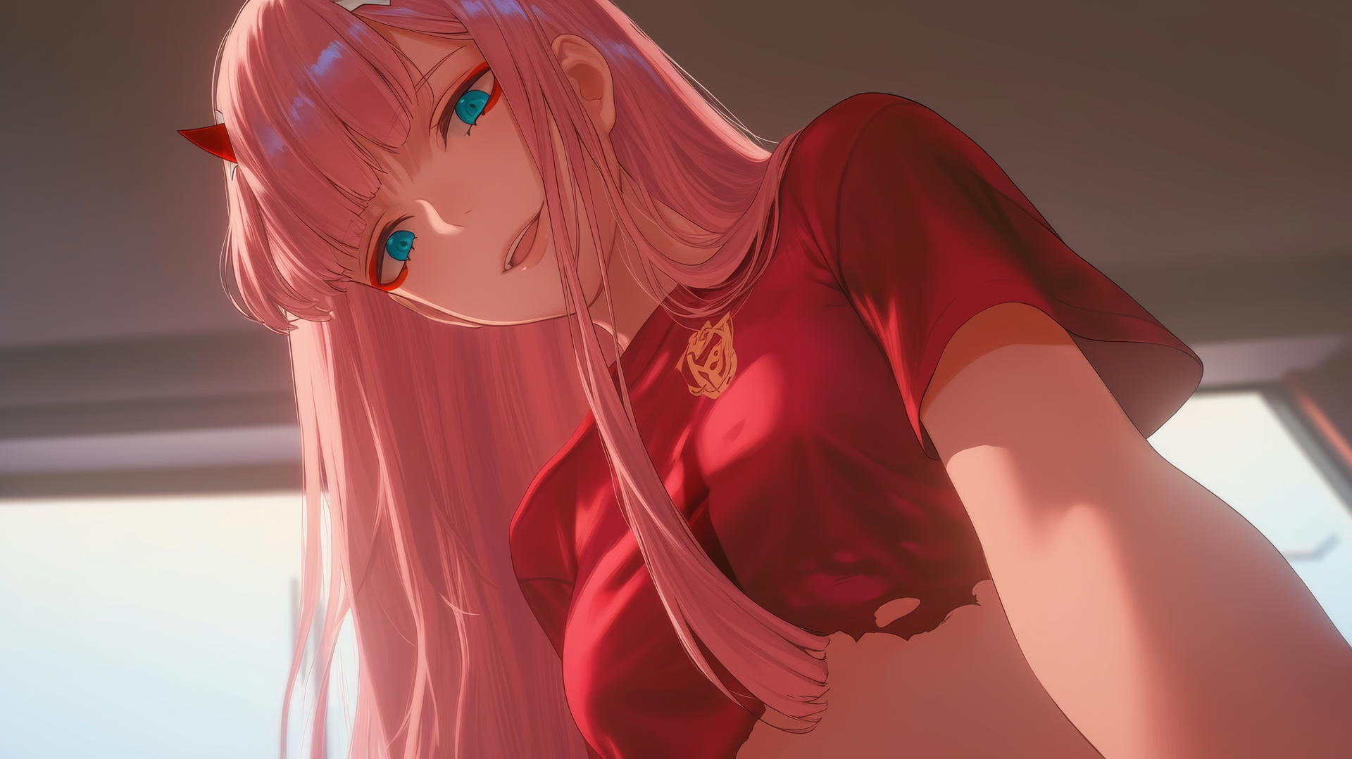 Zero Two from DARLING in the FRANXX with long pink hair, kneeling, in ripped T-shirt, under warm, neon-lit hotel ceiling.