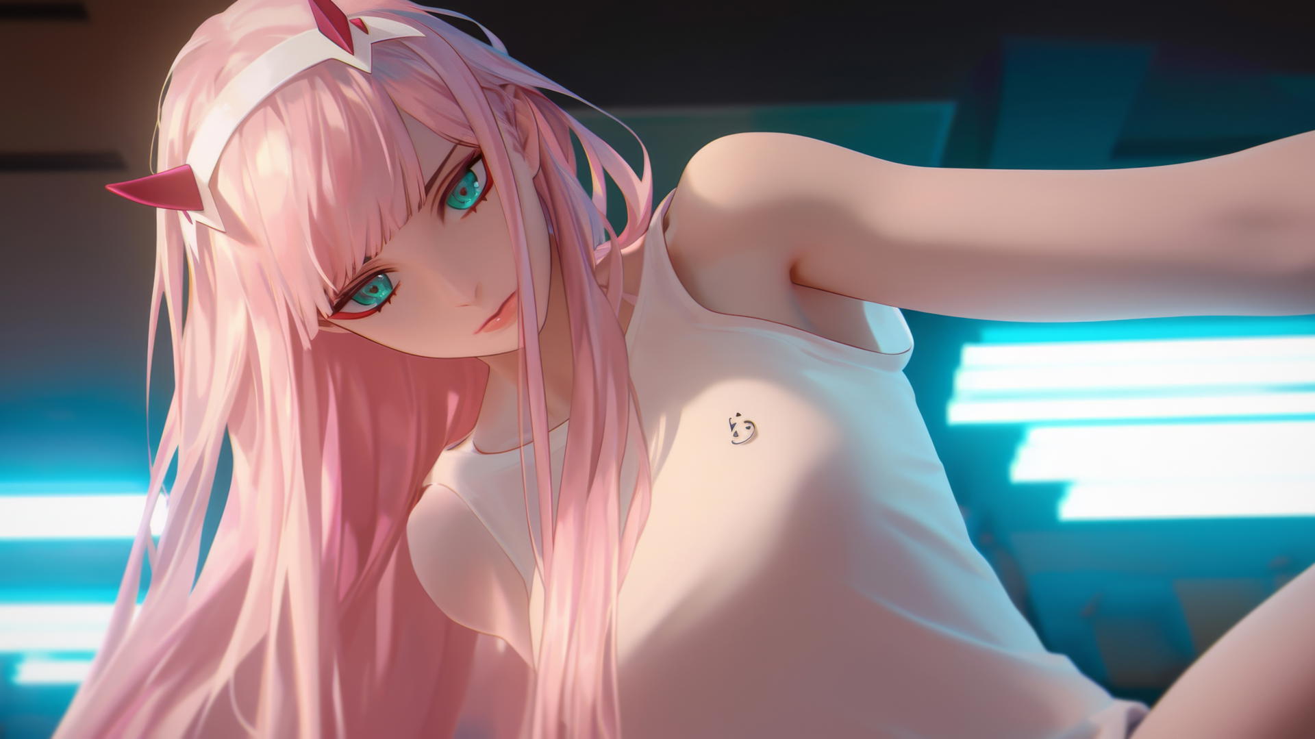 Zero Two from DARLING in the FRANXX leans towards, with pink hair, neon-lit hotel ceiling