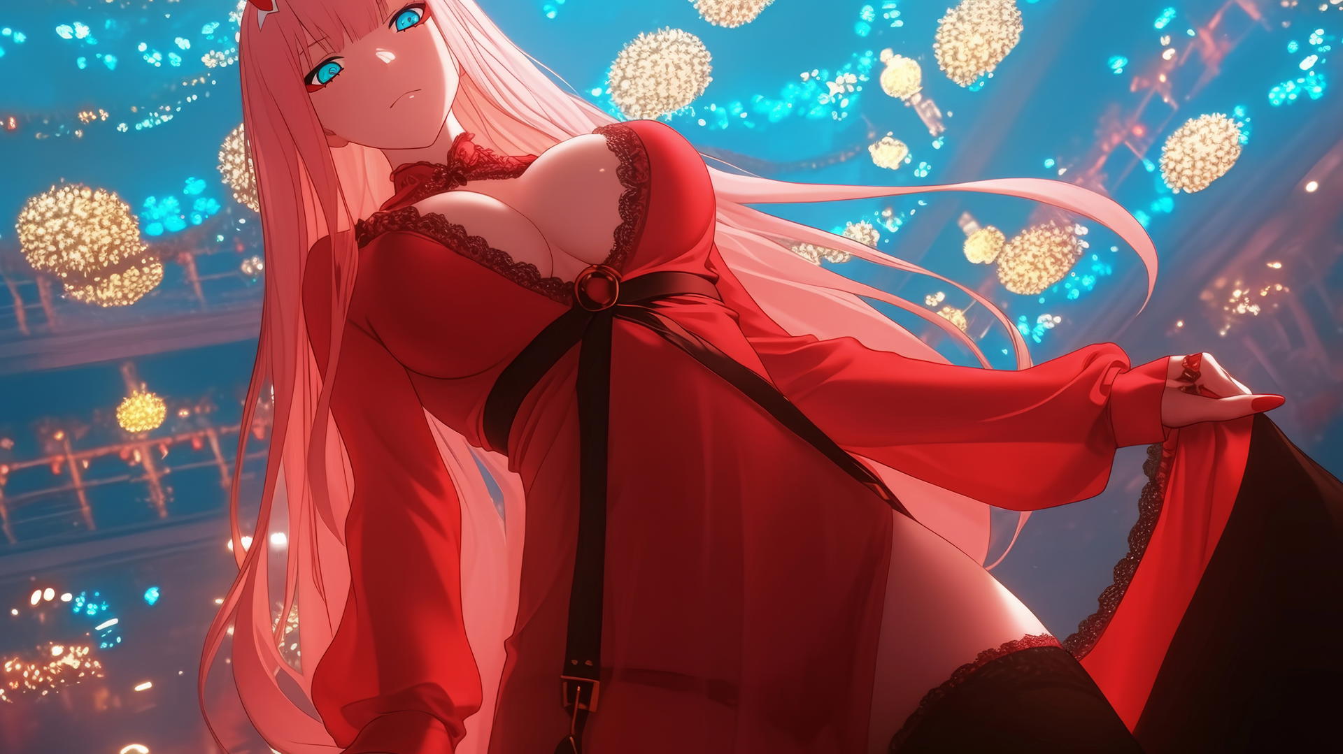 Zero Two from DARLING in the FRANXX kneeling with pink hair and hotel ceiling background