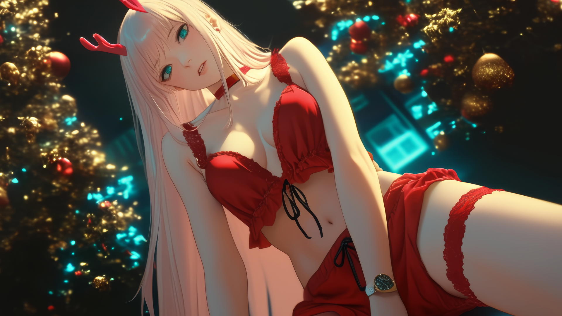 Zero Two from DARLING in the FRANXX kneeling with long pink hair, Christmas outfit, and warm neon light