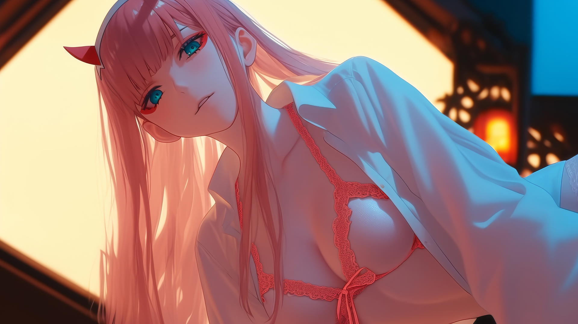 Zero Two from DARLING in the FRANXX kneeling, looking down, hotel ceiling background