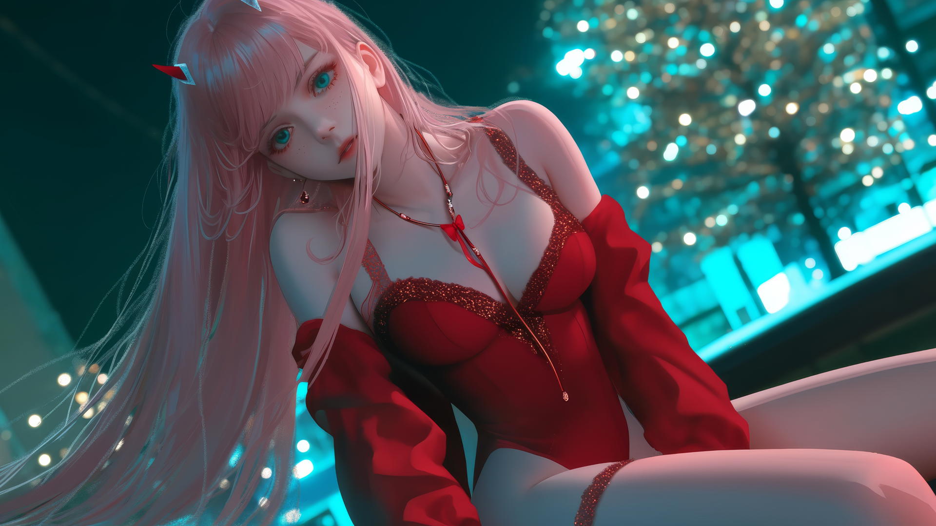 Zero Two from DARLING in the FRANXX, kneeling with long pink hair, in a Christmas red outfit, under warm and neon lights.
