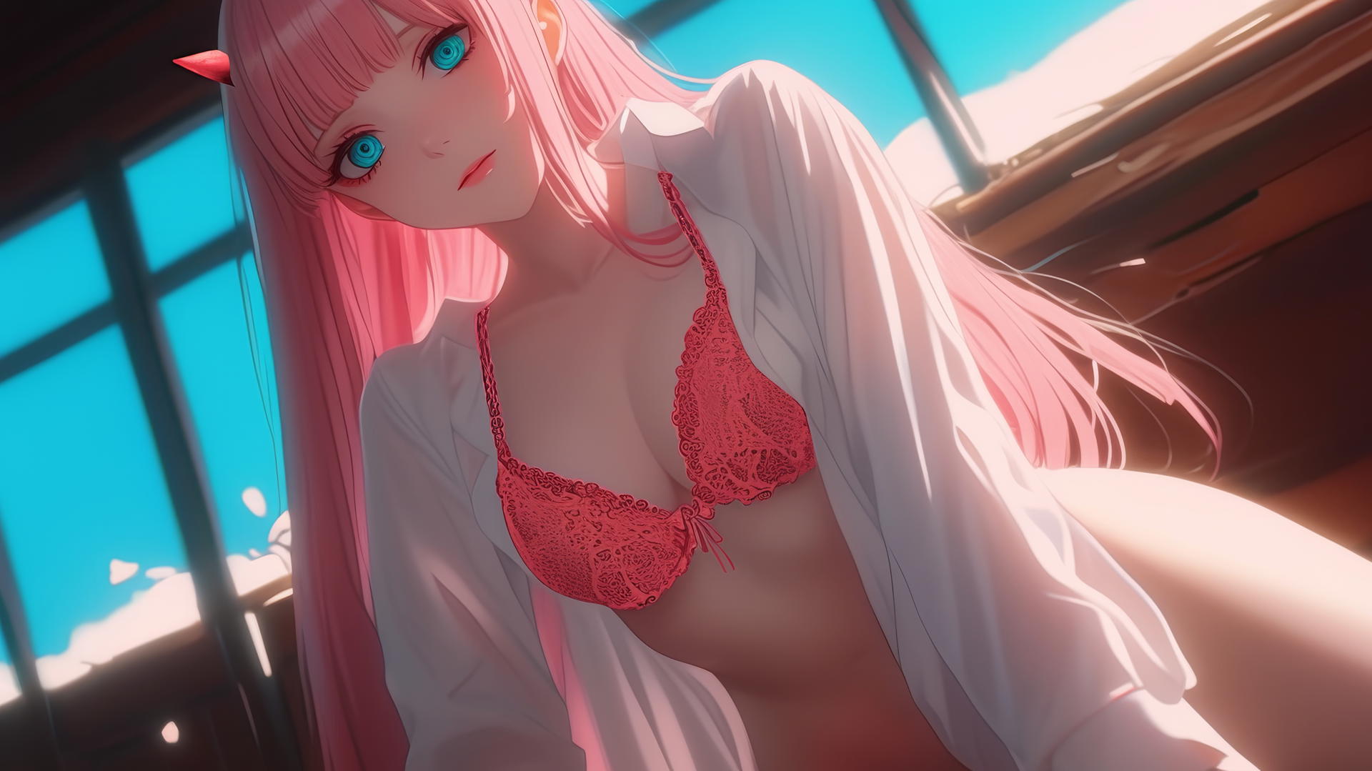 Zero Two kneeling with long pink hair, in a white office shirt, leaning towards viewer with hotel ceiling and warm neon lights in background.