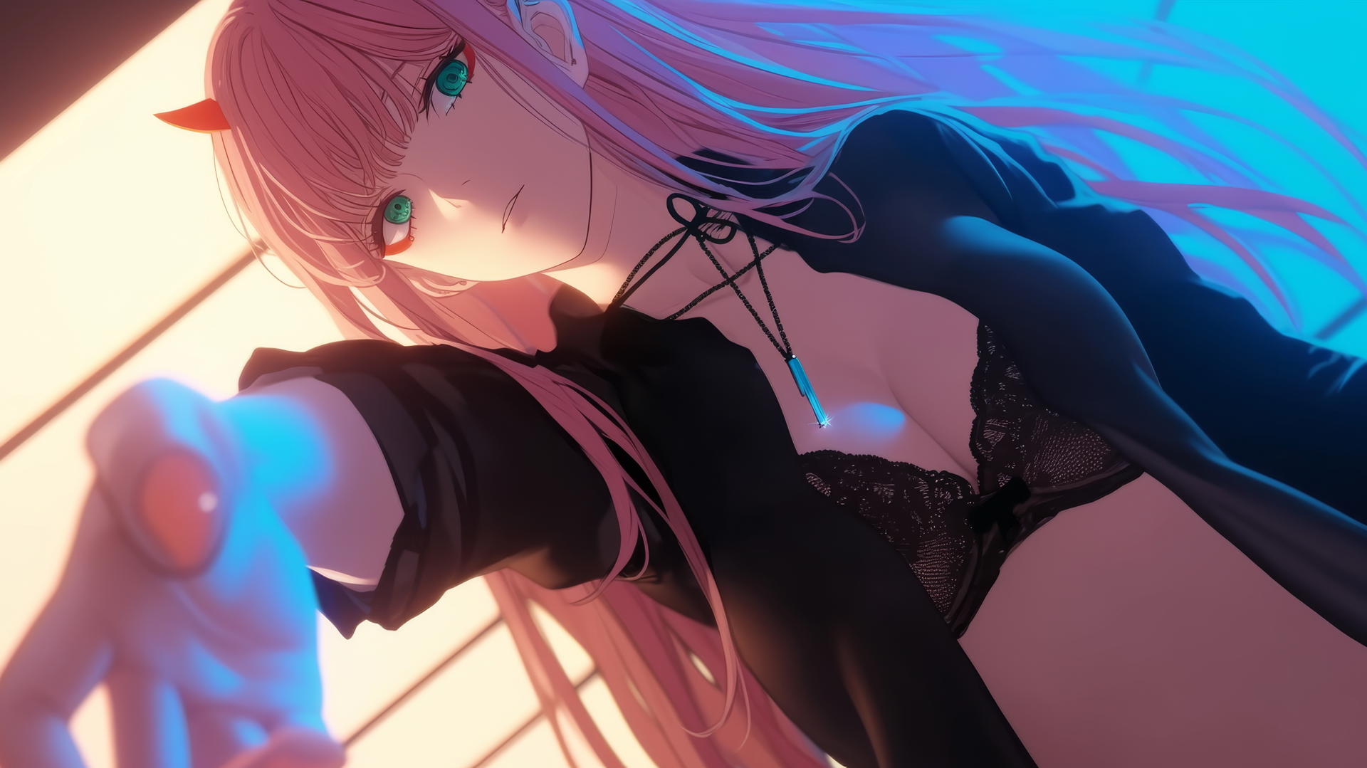 Zero Two from DARLING in the FRANXX kneeling under hotel ceiling with neon light glow