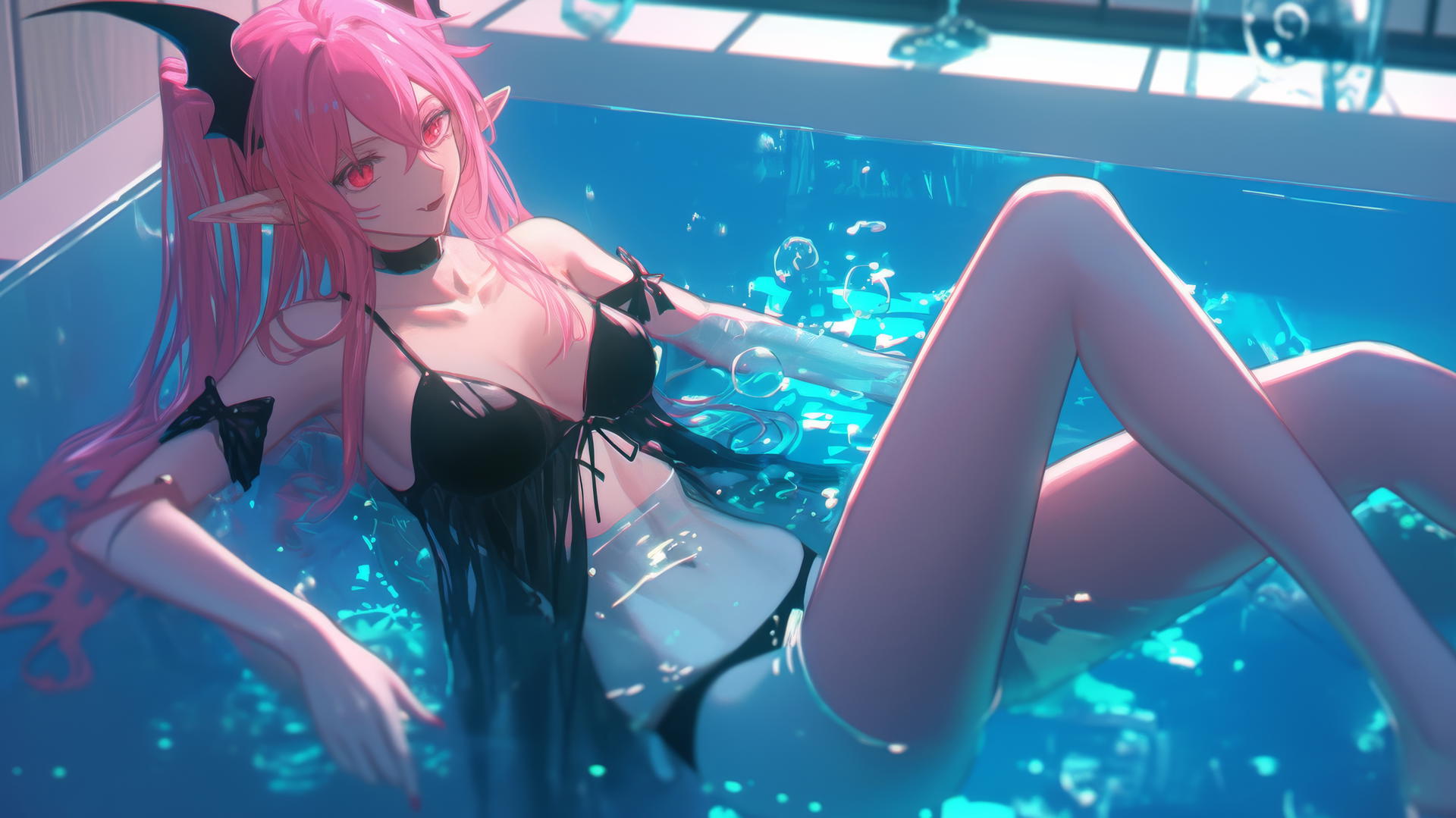 Krul Tepes with red eyes, rosy pink hair, fangs, and pointed ears in a modern hotel bathtub with neon light.
