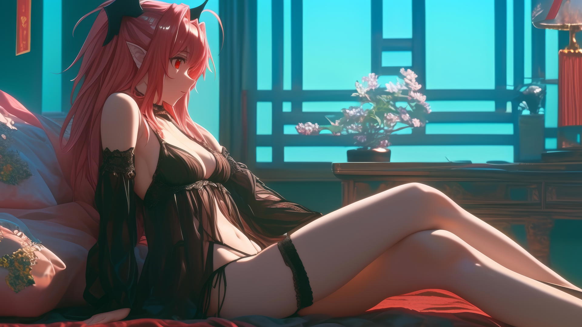 Krul Tepes with red eyes and rosy pink hair, fangs, and pointed ears, in a modern hotel room with neon light.