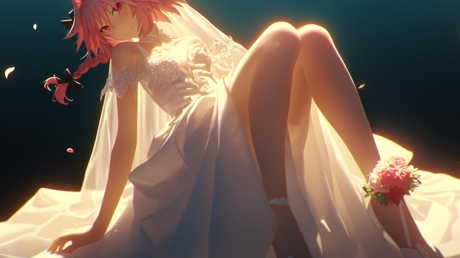 Astolfo in wedding dress kneeling with warm light, looking down.