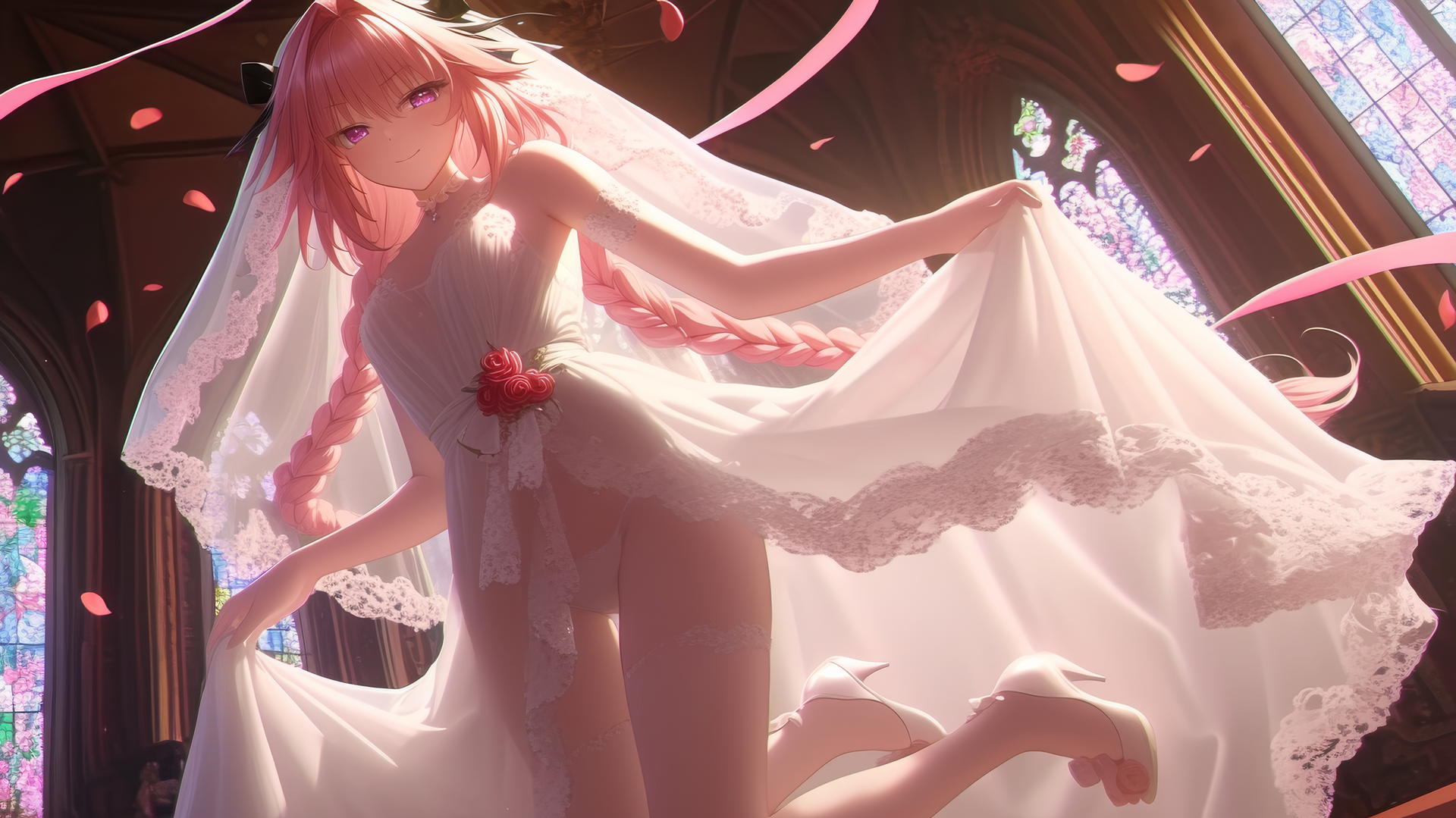 Astolfo in a wedding dress kneeling and leaning forward with a ceiling background and warm light.