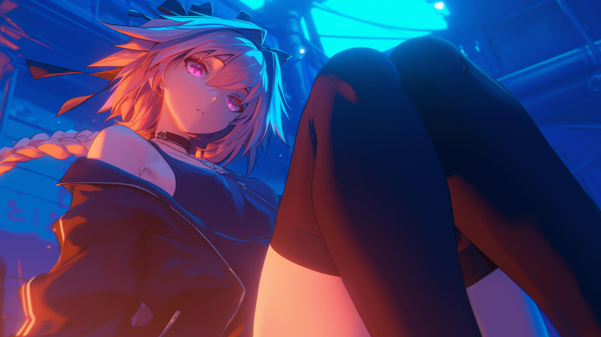 Astolfo from Type Moon kneeling and leaning down, warm light with ceiling background