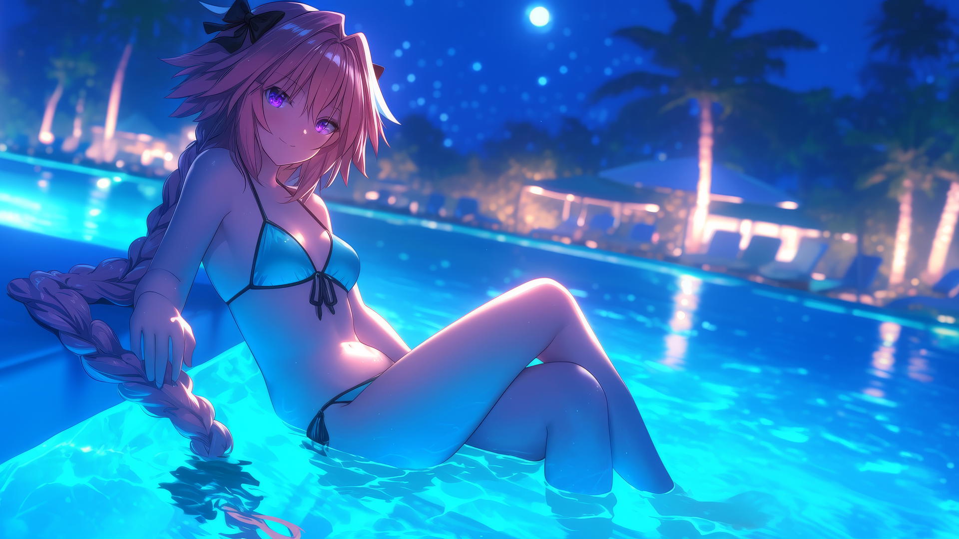 Astolfo from Type Moon resting by a swimming pool, illuminated by moonlight.
