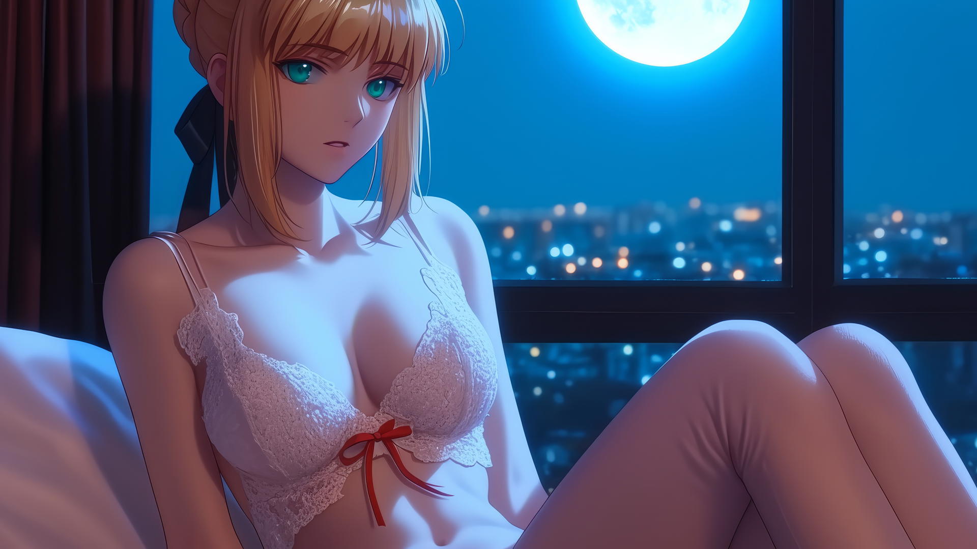 Saber from Fate Zero with green eyes, sitting leisurely in a modern hotel room at night