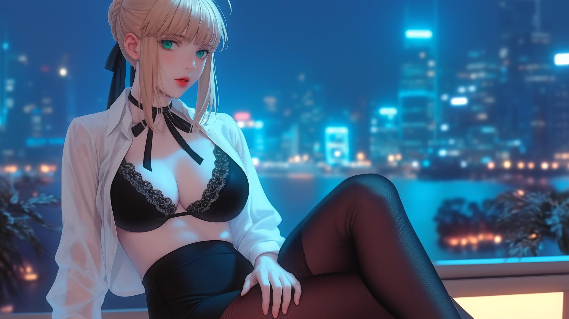 Saber from Fate Zero with green eyes, sitting in a modern hotel room, moonlight glow.