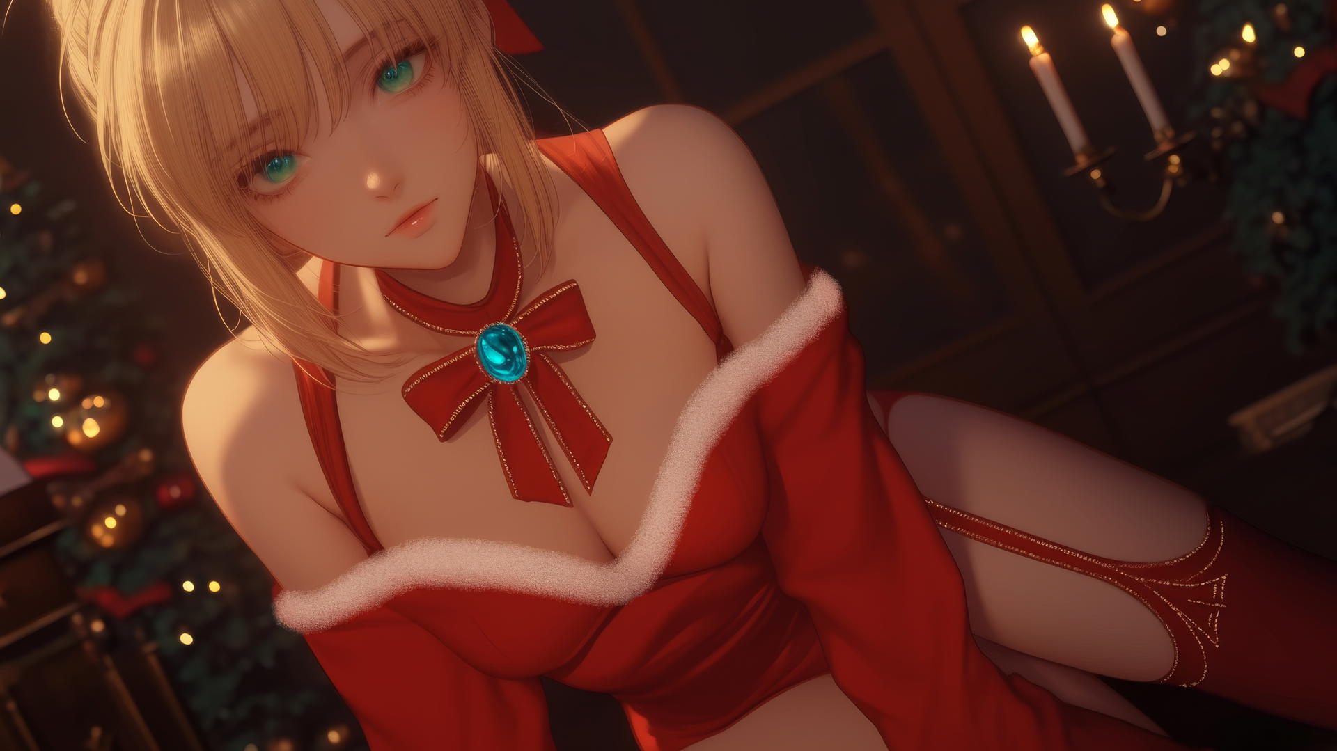Saber from Fate Zero in Christmas attire kneeling and looking down, green eyes, warm light, ceiling background.
