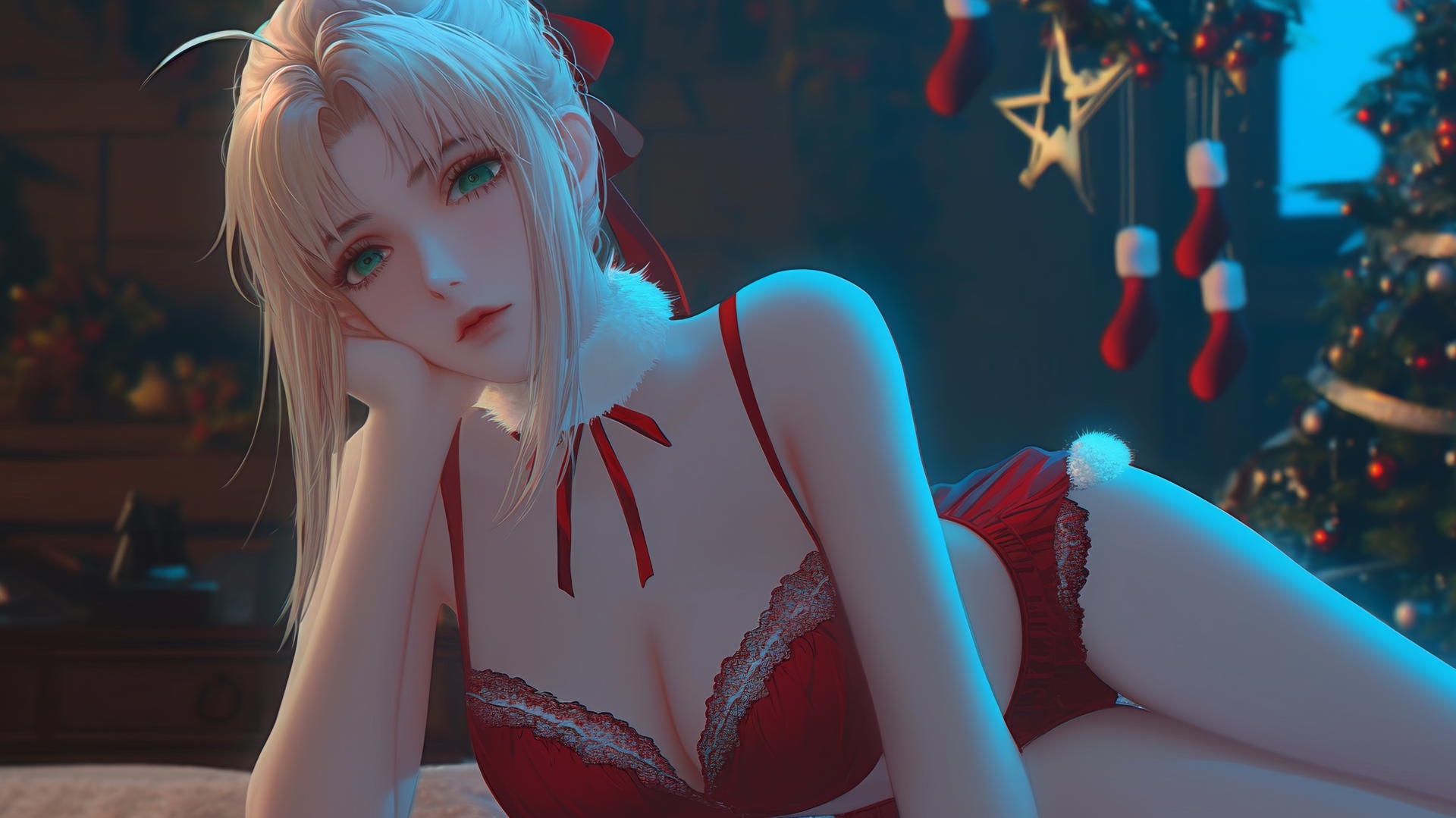 Saber from Fate Zero in red Christmas attire, kneeling, looking down, warm light